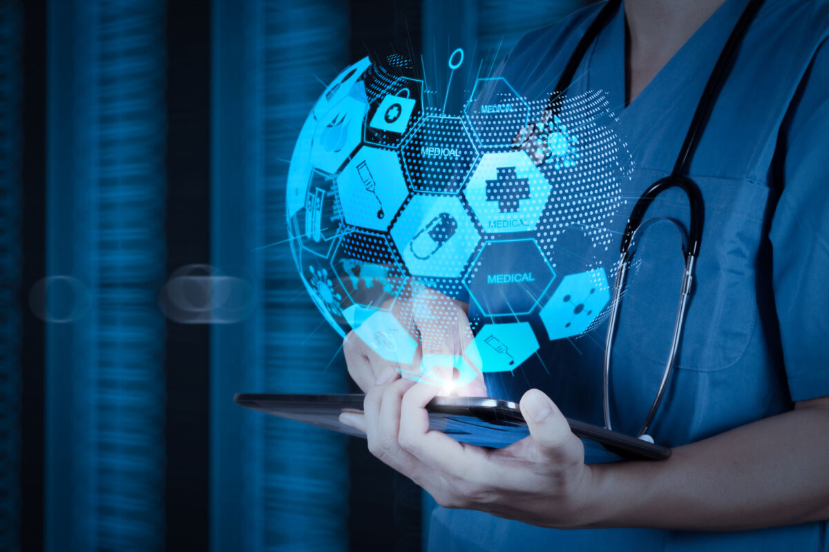 Health care and medical services concept with world or global form and AR interface.Doctor working on a digital tablet with digital background as concept