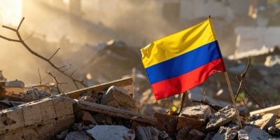 A weathered Colombian flag stands defiantly against a backdrop of scattered debris and broken bricks, representing the enduring spirit of a nation in ruins, perfect for showcasing resilience and hope amidst tragedy.