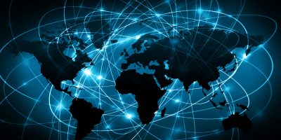 World map on a technological background, glowing lines symbols of the Internet, radio, television, mobile and satellite communications. Internet Concept of global business.
