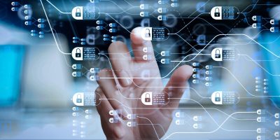 Blockchain technology concept with diagram of chain and encrypted blocks.hand working with touch screen computer.