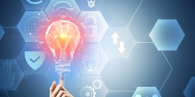 Hand pointing at creative polygonal lamp interface. Future and innovation concept. 3D Rendering