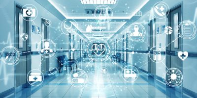 Long hospital blue corridor with digital medical infographics and charts 3D rendering