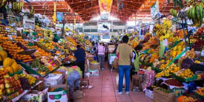 Arequipa, Peru - October 20, 2015: People inside the huge San Camillo market building.