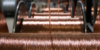 Production of cable wire at cable factory close up.