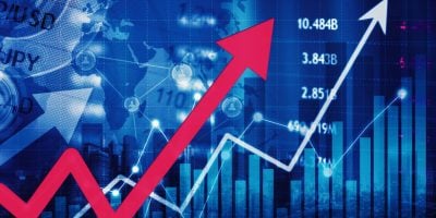 Double exposure of upward arrows with world exchange rate on the modern city background