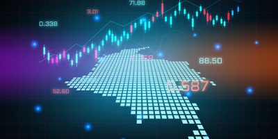 Stock market background or forex trading business graph chart for financial investment concept of Colombia map. business idea and technology innovation design.