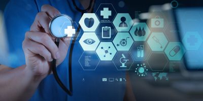 Double exposure of Medicine doctor hand working with modern computer interface as medical concept