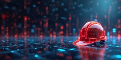 Futuristic construction helmet on digital grid. Industrial safety concept tech visual with circuit board design inside hard hat. Innovation concept for construction, industry engineering.