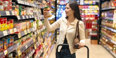 Customer checking product label while pushing a shopping cart in a grocery store